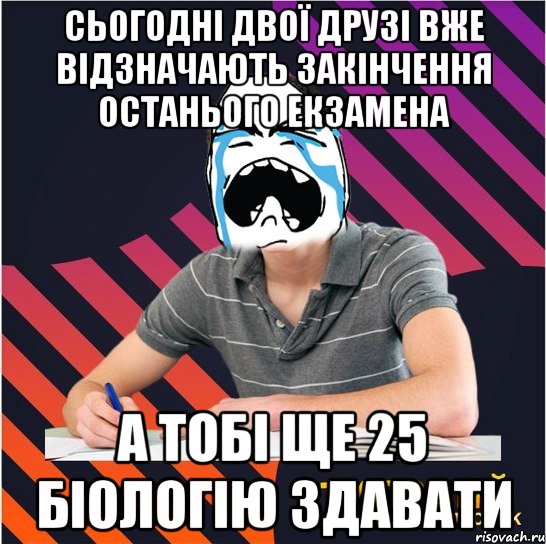 сьогодні двої друзі вже відзначають закінчення останього екзамена а тобі ще 25 біологію здавати, Мем Типовий одинадцятикласник