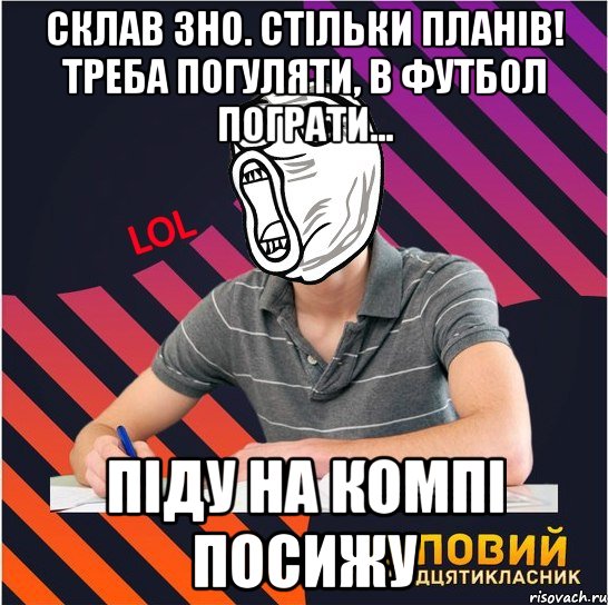 склав зно. стільки планів! треба погуляти, в футбол пограти... піду на компі посижу, Мем Типовий одинадцятикласник