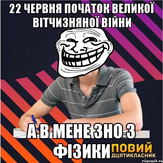 22 червня початок великої вітчизняної війни а в мене зно з фізики, Мем Типовий одинадцятикласник