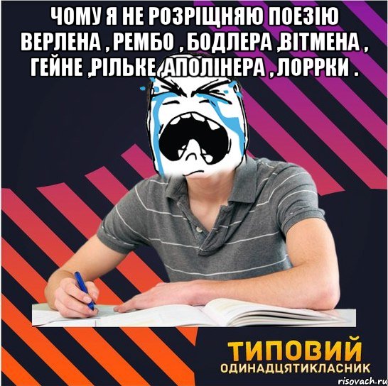 чому я не розріщняю поезію верлена , рембо , бодлера ,вітмена , гейне ,рільке ,аполінера , лоррки . , Мем Типовий одинадцятикласник