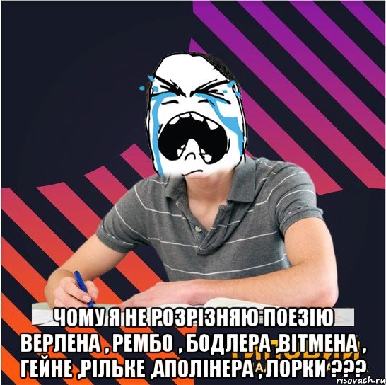  чому я не розрізняю поезію верлена , рембо , бодлера ,вітмена , гейне ,рільке ,аполінера , лорки ???, Мем Типовий одинадцятикласник