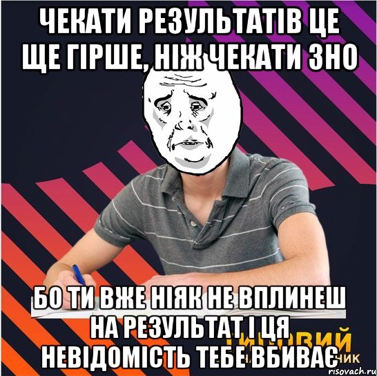 чекати результатів це ще гірше, ніж чекати зно бо ти вже ніяк не вплинеш на результат і ця невідомість тебе вбиває, Мем Типовий одинадцятикласник