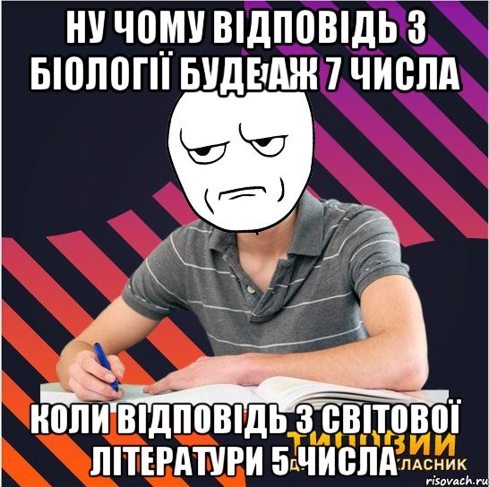 ну чому відповідь з біології буде аж 7 числа коли відповідь з світової літератури 5 числа, Мем Типовий одинадцятикласник