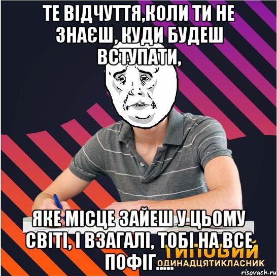 те відчуття,коли ти не знаєш, куди будеш вступати, яке місце зайеш у цьому світі, і взагалі, тобі на все пофіг....., Мем Типовий одинадцятикласник