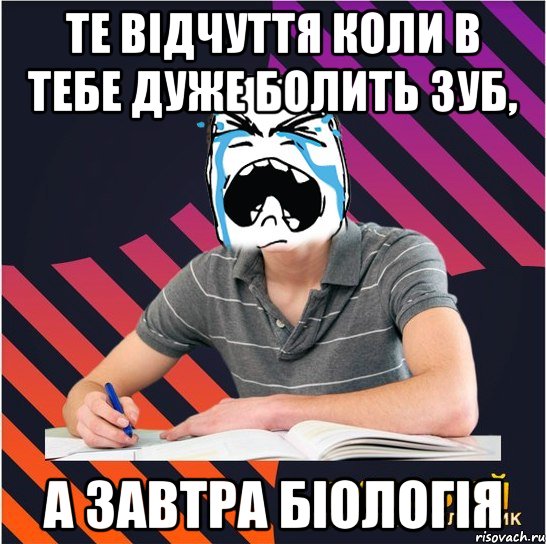 те відчуття коли в тебе дуже болить зуб, а завтра біологія