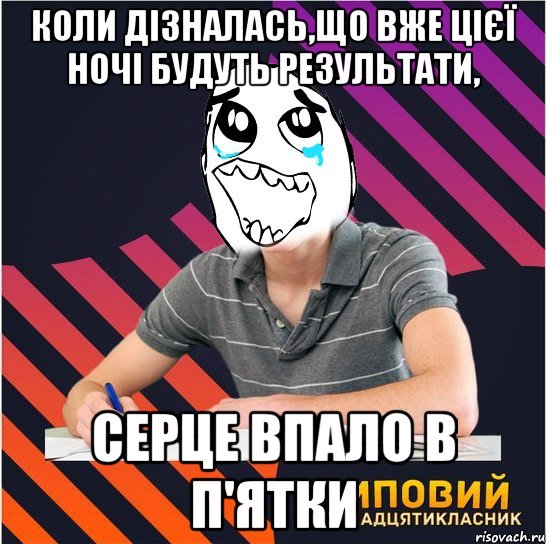 коли дізналась,що вже цієї ночі будуть результати, серце впало в п'ятки, Мем Типовий одинадцятикласник