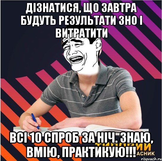 дізнатися, що завтра будуть результати зно і витратити всі 10 спроб за ніч. знаю, вмію, практикую!!!, Мем Типовий одинадцятикласник