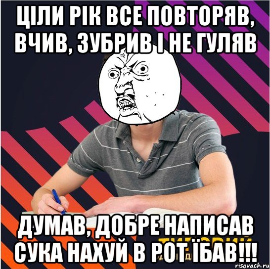 ціли рік все повторяв, вчив, зубрив і не гуляв думав, добре написав сука нахуй в рот їбав!!!, Мем Типовий одинадцятикласник