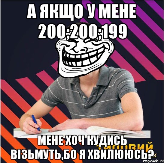 а якщо у мене 200;200;199 мене хоч кудись візьмуть,бо я хвилююсь?, Мем Типовий одинадцятикласник