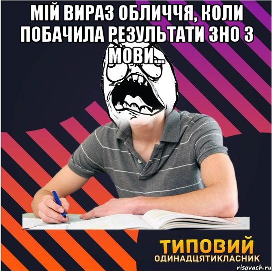 мій вираз обличчя, коли побачила результати зно з мови... , Мем Типовий одинадцятикласник