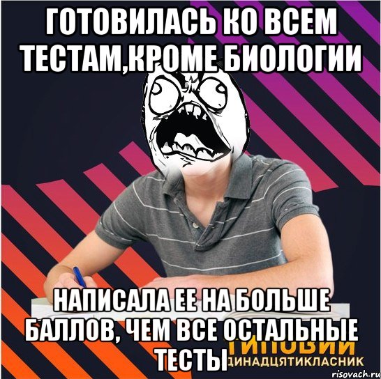 готовилась ко всем тестам,кроме биологии написала ее на больше баллов, чем все остальные тесты, Мем Типовий одинадцятикласник