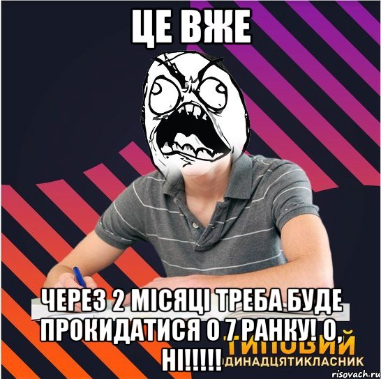 це вже через 2 місяці треба буде прокидатися о 7 ранку! о, ні!!!, Мем Типовий одинадцятикласник