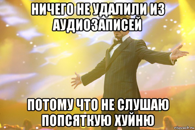 ничего не удалили из аудиозаписей потому что не слушаю попсяткую хуйню, Мем Тони Старк (Роберт Дауни младший)