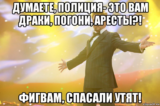 думаете, полиция- это вам драки, погони, аресты?! фигвам, спасали утят!, Мем Тони Старк (Роберт Дауни младший)