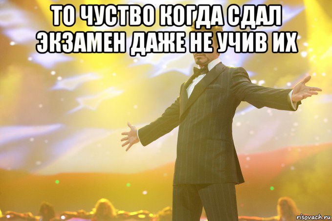 то чуство когда сдал экзамен даже не учив их , Мем Тони Старк (Роберт Дауни младший)