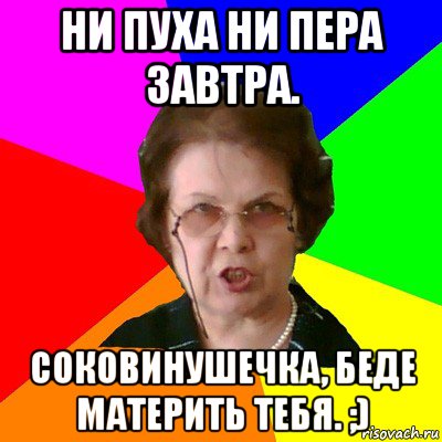 ни пуха ни пера завтра. соковинушечка, беде материть тебя. ;), Мем Типичная училка