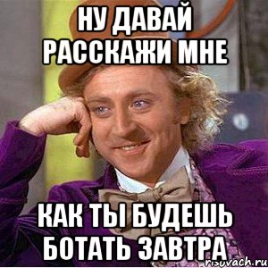 ну давай расскажи мне как ты будешь ботать завтра, Мем Ну давай расскажи (Вилли Вонка)