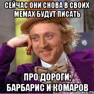 сейчас они снова в своих мемах будут писать про дороги, барбарис и комаров, Мем Ну давай расскажи (Вилли Вонка)