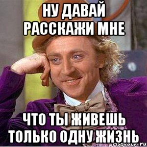 ну давай расскажи мне что ты живешь только одну жизнь, Мем Ну давай расскажи (Вилли Вонка)