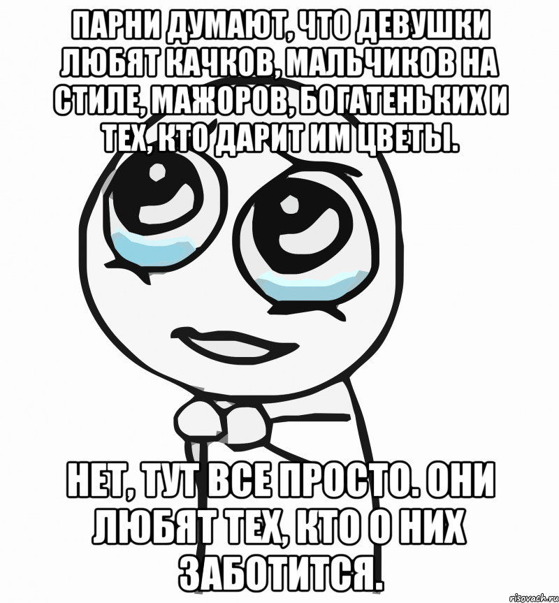 парни думают, что девушки любят качков, мальчиков на стиле, мажоров, богатеньких и тех, кто дарит им цветы. нет, тут все просто. они любят тех, кто о них заботится., Мем  ну пожалуйста (please)