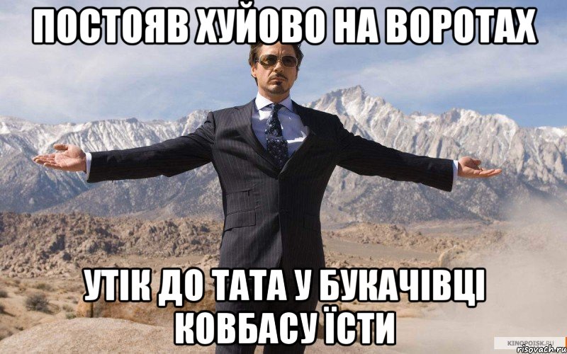 постояв хуйово на воротах утік до тата у букачівці ковбасу їсти, Мем железный человек