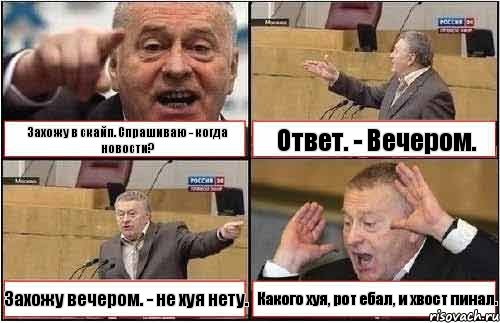 Захожу в скайп. Спрашиваю - когда новости? Ответ. - Вечером. Захожу вечером. - не хуя нету. Какого хуя, рот ебал, и хвост пинал., Комикс жиреновский