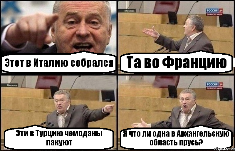 Этот в Италию собрался Та во Францию Эти в Турцию чемоданы пакуют Я что ли одна в Архангельскую область прусь?, Комикс Жириновский