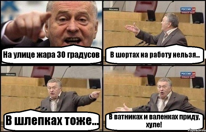 На улице жара 30 градусов В шортах на работу нельзя... В шлепках тоже... В ватниках и валенках приду, хуле!, Комикс Жириновский