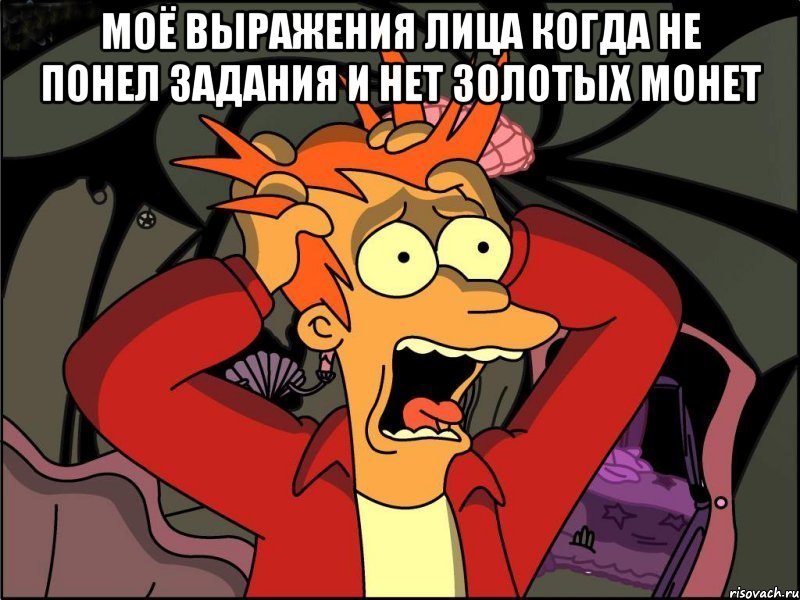 моё выражения лица когда не понел задания и нет золотых монет , Мем Фрай в панике