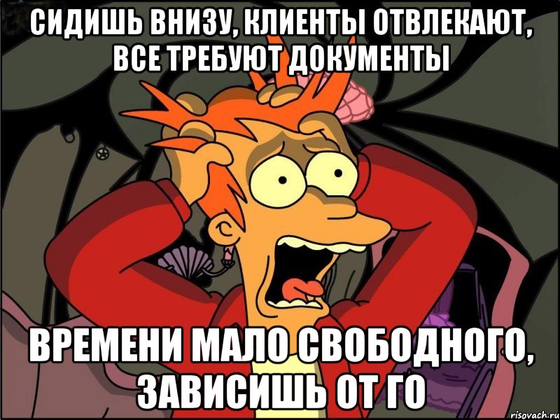 сидишь внизу, клиенты отвлекают, все требуют документы времени мало свободного, зависишь от го, Мем Фрай в панике