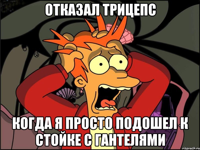 отказал трицепс когда я просто подошел к стойке с гантелями, Мем Фрай в панике