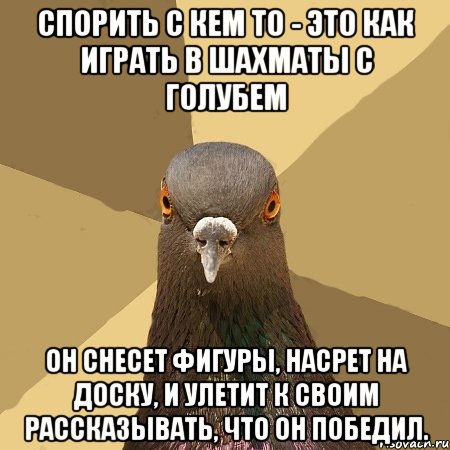 спорить с кем то - это как играть в шахматы с голубем он снесет фигуры, насрет на доску, и улетит к своим рассказывать, что он победил.