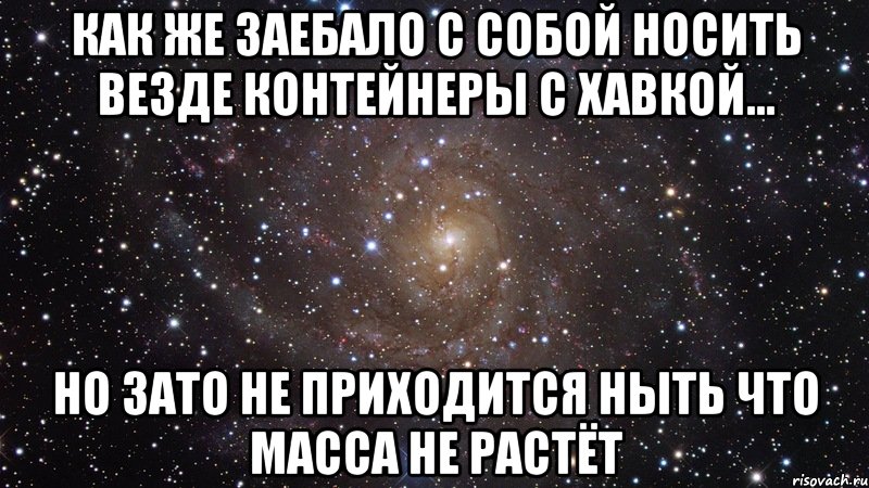 как же заебало с собой носить везде контейнеры с хавкой... но зато не приходится ныть что масса не растёт, Мем  Космос (офигенно)