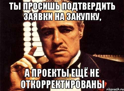 ты просишь подтвердить заявки на закупку, а проекты ещё не откорректированы, Мем крестный отец