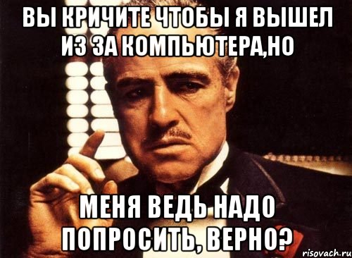 вы кричите чтобы я вышел из за компьютера,но меня ведь надо попросить, верно?, Мем крестный отец