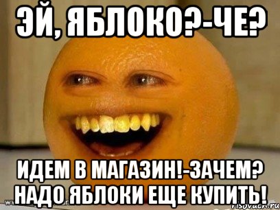 эй, яблоко?-че? идем в магазин!-зачем? надо яблоки еще купить!, Мем Надоедливый апельсин