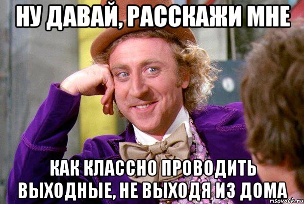 ну давай, расскажи мне как классно проводить выходные, не выходя из дома, Мем Ну давай расскажи (Вилли Вонка)