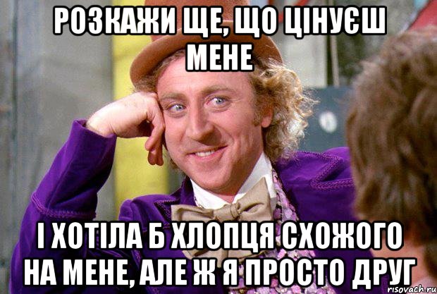розкажи ще, що цінуєш мене і хотіла б хлопця схожого на мене, але ж я просто друг, Мем Ну давай расскажи (Вилли Вонка)