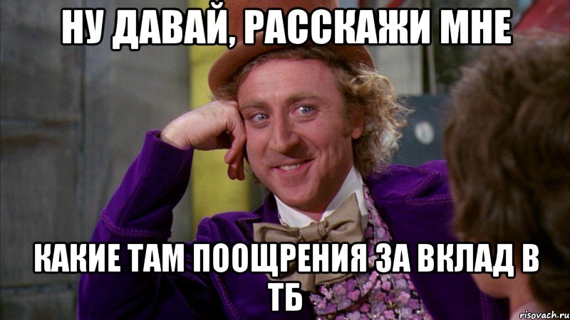 ну давай, расскажи мне какие там поощрения за вклад в тб, Мем Ну давай расскажи (Вилли Вонка)