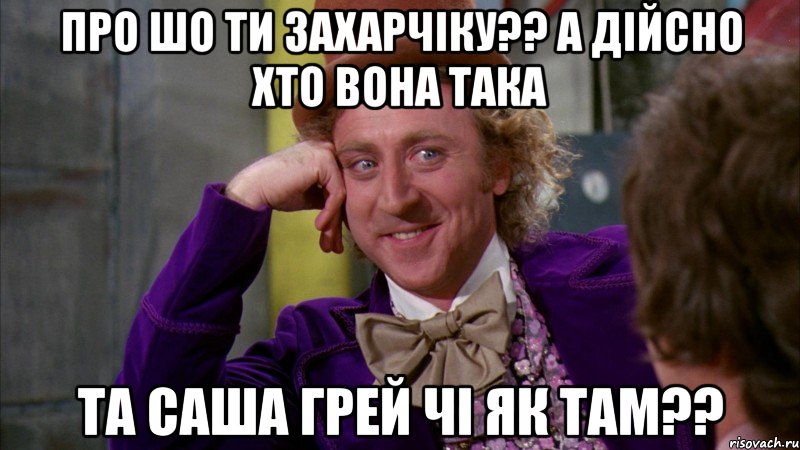 про шо ти захарчіку?? а дійсно хто вона така та саша грей чі як там??, Мем Ну давай расскажи (Вилли Вонка)