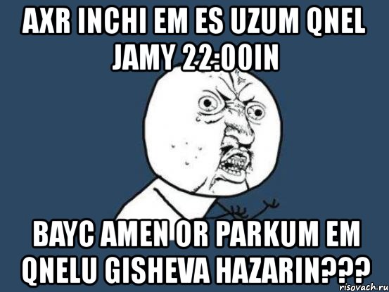 axr inchi em es uzum qnel jamy 22:00in bayc amen or parkum em qnelu gisheva hazarin???, Мем Ну почему