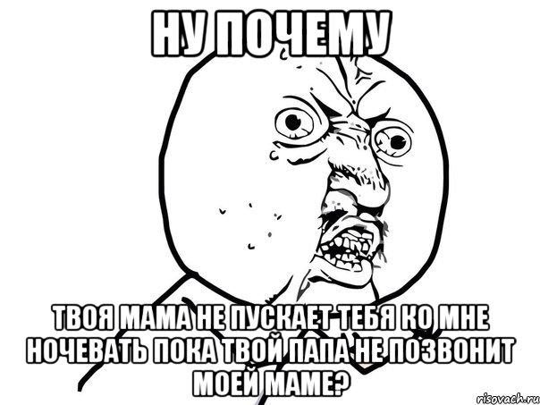 ну почему твоя мама не пускает тебя ко мне ночевать пока твой папа не позвонит моей маме?, Мем Ну почему (белый фон)