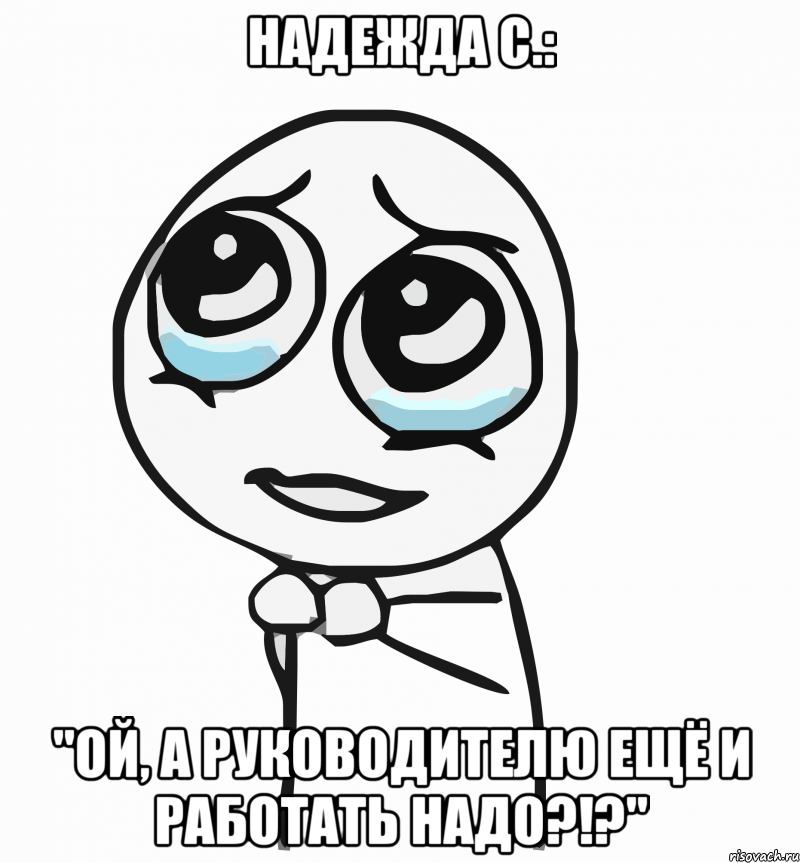 надежда с.: "ой, а руководителю ещё и работать надо?!?", Мем  ну пожалуйста (please)