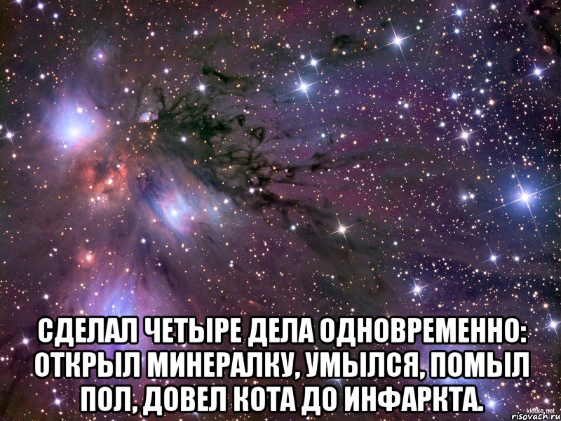  сделал четыре дела одновременно: открыл минералку, умылся, помыл пол, довел кота до инфаркта., Мем Космос