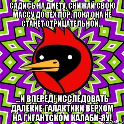 садись на диету, снижай свою массу до тех пор, пока она не станет отрицательной... ...и вперед! исследовать далекие галактики верхом на гигантском калаби-яу!, Мем Омская птица