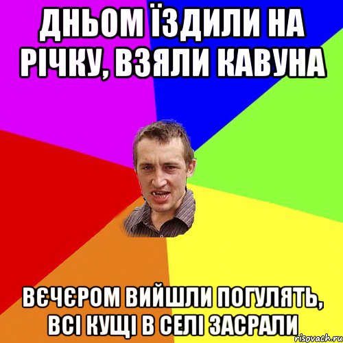 дньом їздили на річку, взяли кавуна вєчєром вийшли погулять, всі кущі в селі засрали, Мем Чоткий паца