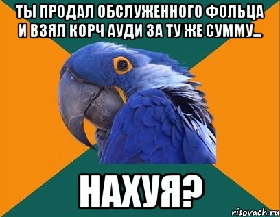 ты продал обслуженного фольца и взял корч ауди за ту же сумму... нахуя?, Мем Попугай параноик