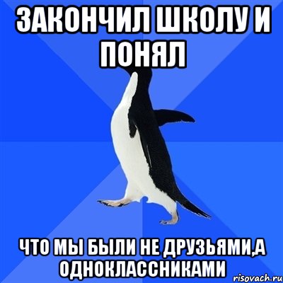 закончил школу и понял что мы были не друзьями,а одноклассниками, Мем  Социально-неуклюжий пингвин