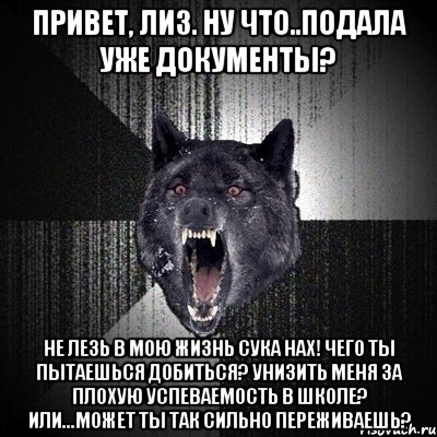 привет, лиз. ну что..подала уже документы? не лезь в мою жизнь сука нах! чего ты пытаешься добиться? унизить меня за плохую успеваемость в школе? или...может ты так сильно переживаешь?, Мем Сумасшедший волк