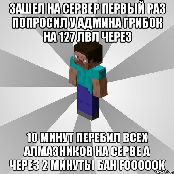 зашел на сервер первый раз попросил у админа грибок на 127 лвл через 10 минут перебил всех алмазников на серве а через 2 минуты бан foooook, Мем Типичный игрок Minecraft